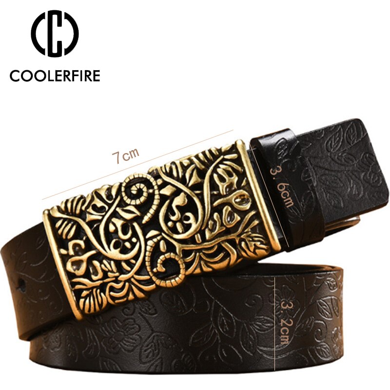 COOLERFIRE Genuine Cowskin Leather Belts For Women Carved Design Retro Metal Women Strap Female High Quality Belts LB015