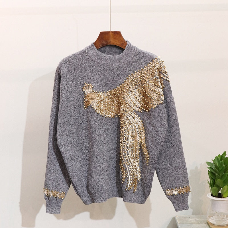 2020 Autumn Winter Knitted Women Tracksuit Sequins Beading Phoenix Long Sleeve Loose Sweater + Casual Pants Two Piece Set D1281