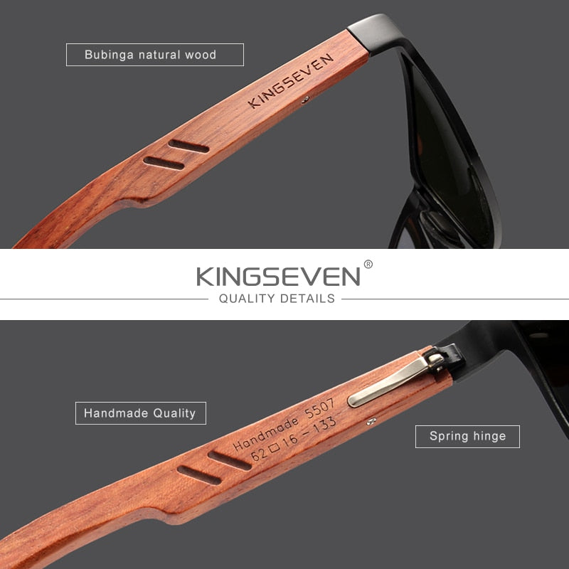 KINGSEVEN Designer Handmade Women Sunglasses Men Polarized Natural Bubinga Wooden+Aluminum Fashion Sun Glasses Square UV400