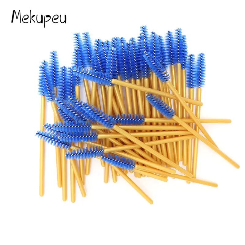 50 Pcs/lot Nylon Golden Blue Handle Mascara Wands Applicator Disposable Eyelash Brush For Eyelash Extension Makeup Brushes