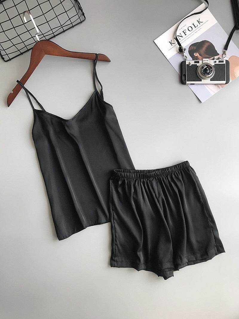 Ice Silk Twinset Korean Solid Color Women Pajamas Camisole Pajama Set Woman Summer Vest Shorts Suit