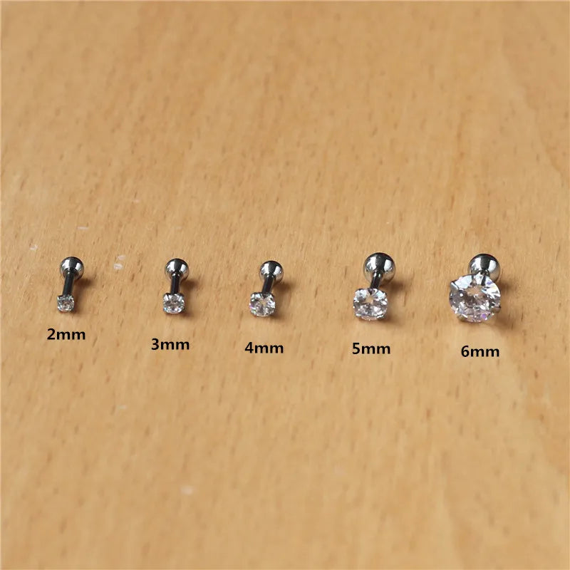 2pcs 316l Stainless Steel Screw-back Zircon Stud Earrings 2mm to 8mm Classical Style No Fade Allergy Free