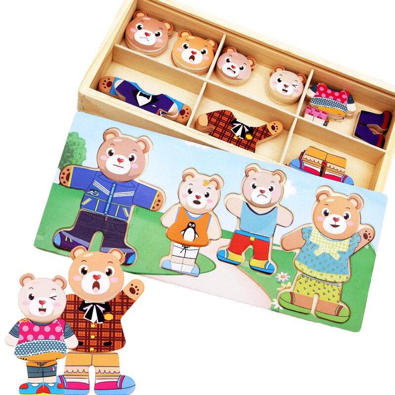 Wooden Puzzle Set Baby Educational Toys Bear Changing Clothes Puzzles Kids Children&