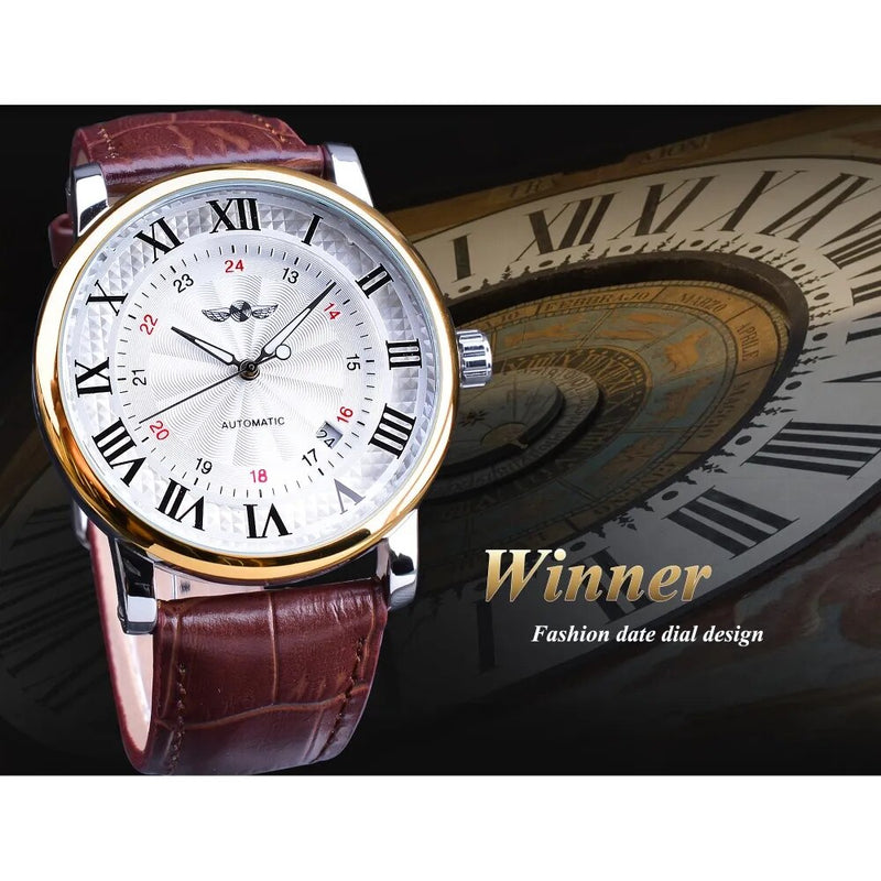 Winner 2019 Fashion White Golden Clock Date Display Brown Leather Belt Mechanical Automatic Watches for Men Top Brand Luxury