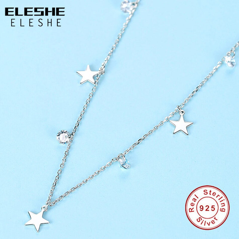 ELESHE Real 925 Sterling Silver Dazzling Cubic Zircon Round & Star Pendant Necklaces for Women Choker Necklace Silver Jewelry