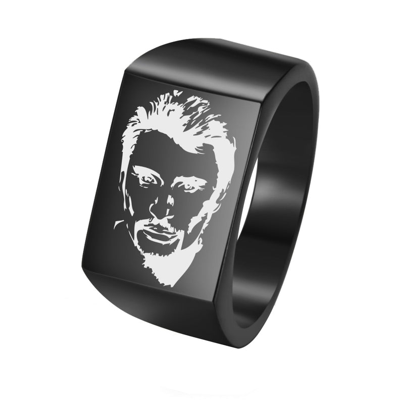 Johnny Hallyday Photo Punk Rock Wide Rings Signet for Men Males Finger Jewelry Stainless Steel Hip Hop