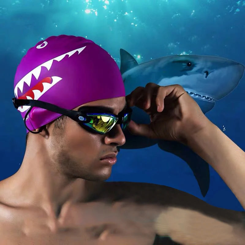 Trisass 2021 New Man's Swimming Cap Adult Elastic Shark Swimming Caps Waterproof Protect Ears Long Hair Soft Women Bathing Cap