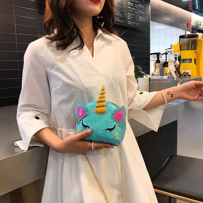 Flash Unicorn Flap Handbags Womens PU Leather Crossbody Bags Summer Phone Bags Casual Sling Chain Messenger Ladies Shoulder Bags