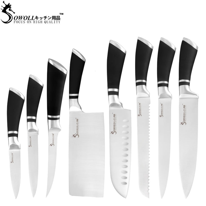 Sowoll 9pcs Stainless Steel Knives Set Non-slip Handle Chef Chopping Boning Cleaver Kitchen Knives Cooking Household Tools