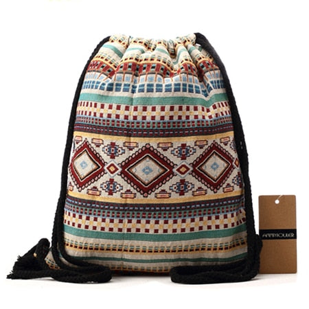 Annmouler Women Vintage Backpack Brand Canvas Shoulder Bag Bohemian Style String Bag Travel Storage Organizer Cotton Tribal Bag