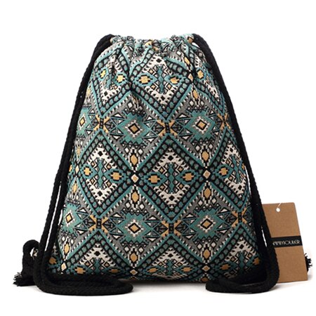 Annmouler Women Vintage Backpack Brand Canvas Shoulder Bag Bohemian Style String Bag Travel Storage Organizer Cotton Tribal Bag