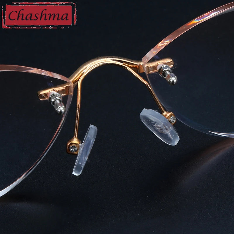 Chashma Quality Pure Titanium Glasses Women Rimless Frame Tint Lenses Diamond Rhinestone Glass Engraved with Flower