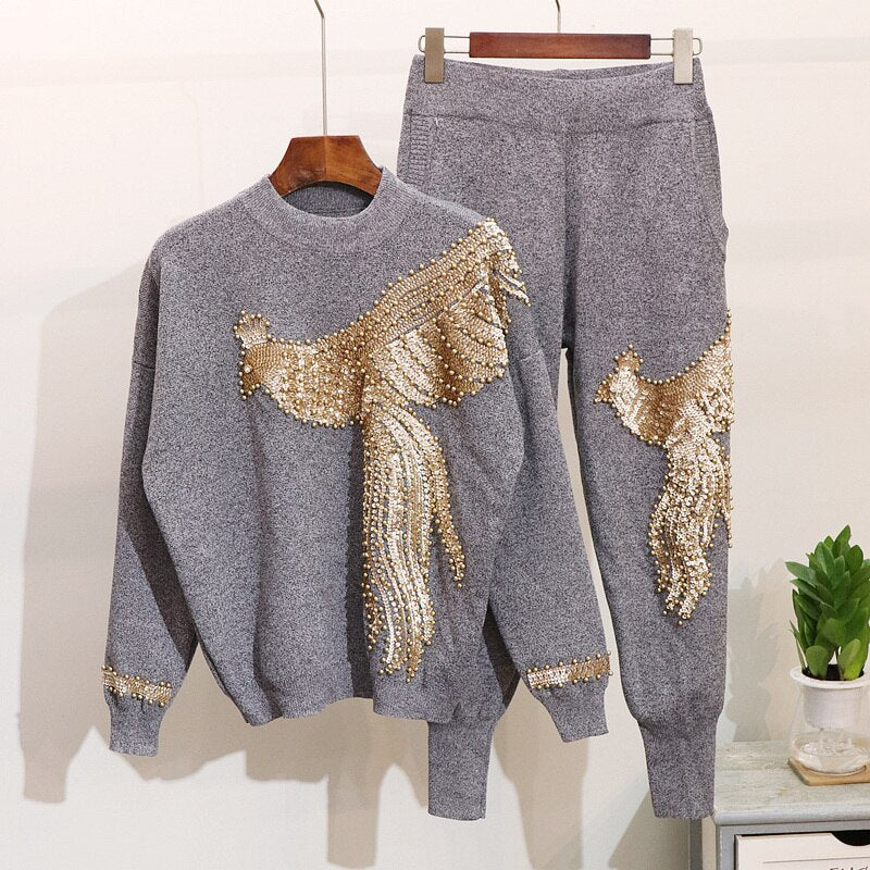 2020 Autumn Winter Knitted Women Tracksuit Sequins Beading Phoenix Long Sleeve Loose Sweater + Casual Pants Two Piece Set D1281