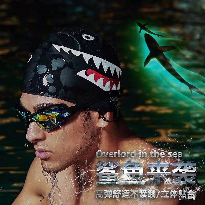 Trisass 2021 New Man's Swimming Cap Adult Elastic Shark Swimming Caps Waterproof Protect Ears Long Hair Soft Women Bathing Cap