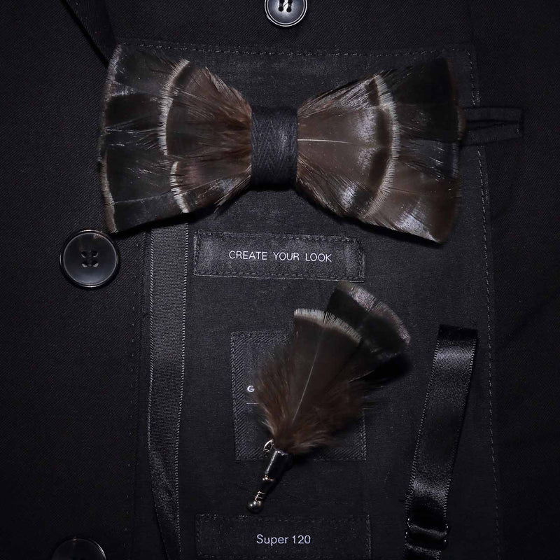 JEMYGINS Original Design Natural Brid Feather Exquisite Hand Made Bow Tie Brooch Pin Gift Box Set For Men Wedding Party Bowtie