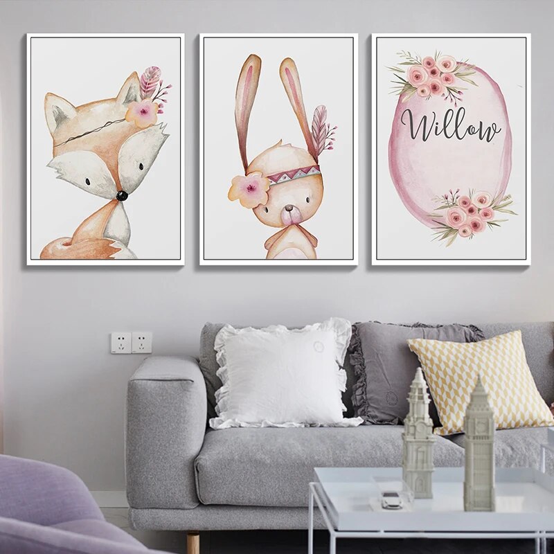 Nordic Modern Minimalist Flowers Cute Fox White Rabbit Cartoon Animal Canvas Painting Art Print Poster Picture Wall Home Decor