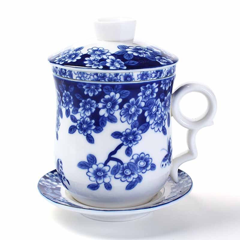 Blue and white porcelain ceramic office four-piece cup with lid including filter equipment personal lunch cup gift conference