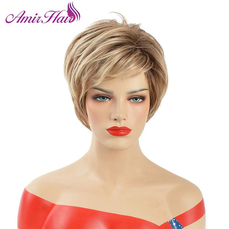 Amir Synthetic Pixie Cut Wigs Short Blonde Wig with Bangs for Women Brown Replacement Wig Straight Hair Wigs