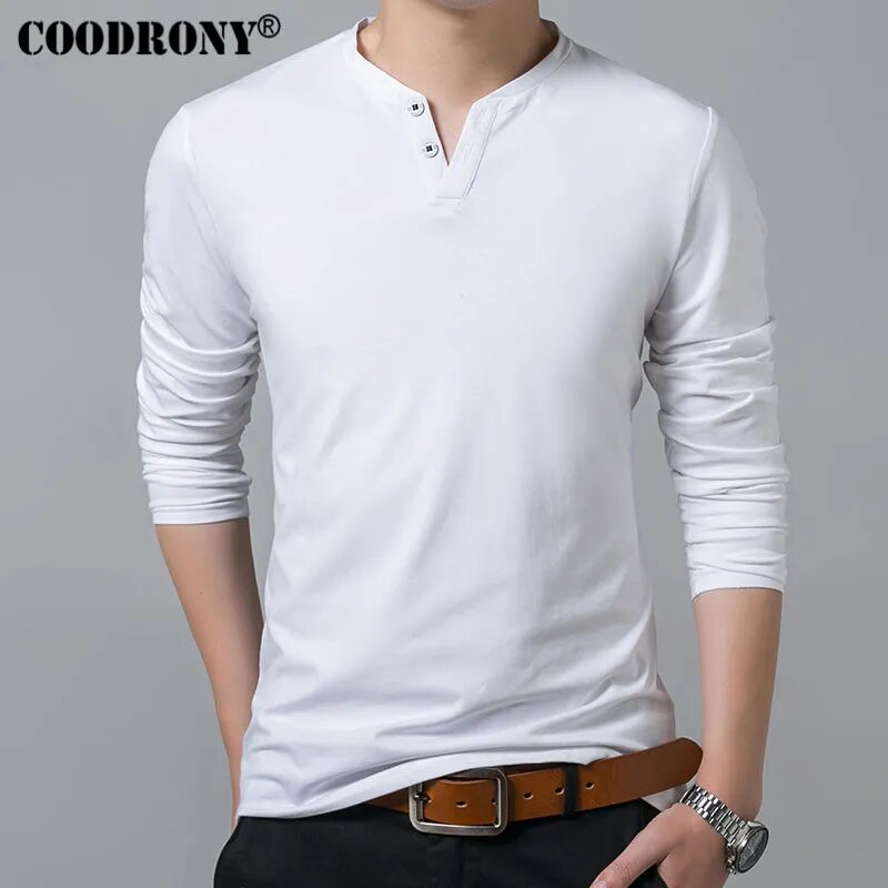 COODRONY T-Shirt Men 2019 Spring Autumn New Long Sleeve Henry Collar T Shirt Men Brand Soft Pure Cotton Slim Fit Tee Shirts 7625