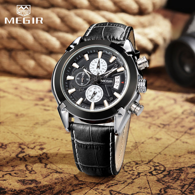 MEGIR Genuine Black Genuine Leather Watches Men Luxury Brand Quartz  Watch racing men Students Game Run Chronograph Wristwatches