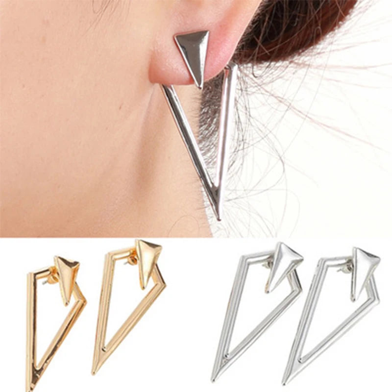 Women Stainless Steel Earring Simple Gold/Silver color Hollow Glossy Geometric shape Charm Double Sieded Stud Earrings Jewelry