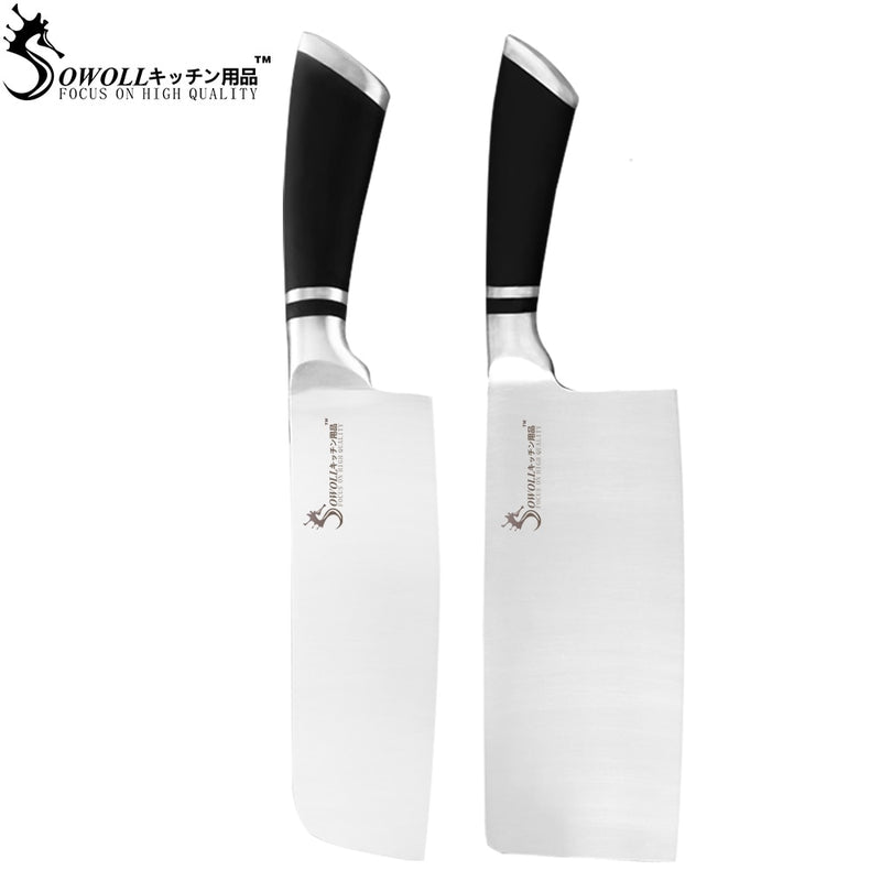 Sowoll 9pcs Stainless Steel Knives Set Non-slip Handle Chef Chopping Boning Cleaver Kitchen Knives Cooking Household Tools