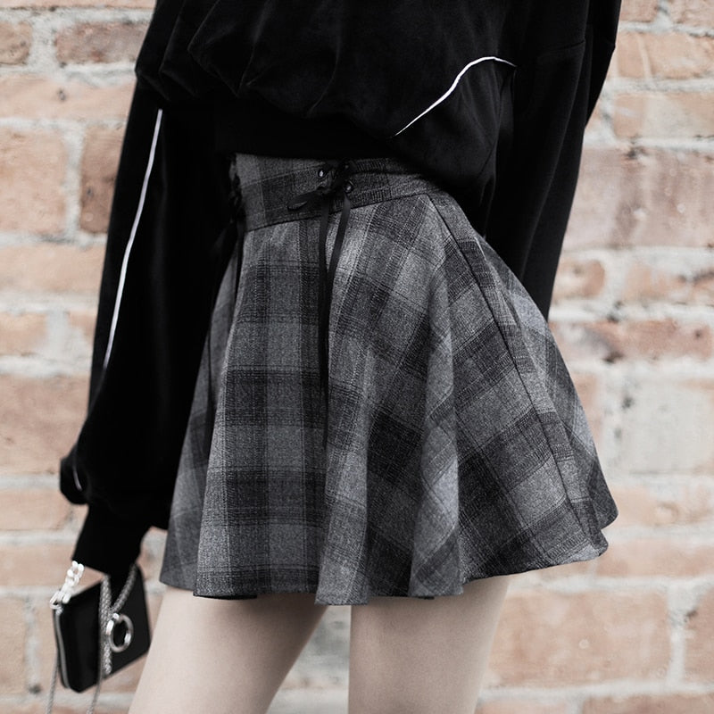 Gothic Women Skirts Fashion Autumn Winter Plaid Woolen Skirt Female High Waist Lace Up Mini Thick Warm Girls Saia 2023