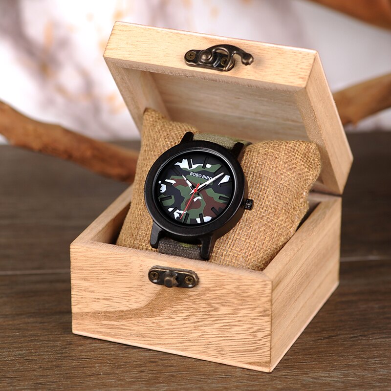 BOBO BIRD Army Green Watch Men Wood Luxury Top Brand Quartz Watches Great Gift for Boyfriend relogio masculino in Wooden Box