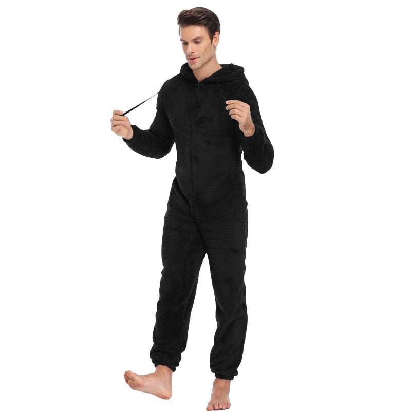 Men Warm Teddy Fleece Onesie Fluffy Sleep Lounge Adult Sleepwear One Piece Pyjamas Male Jumpsuits Hooded Onesies For Adult Men