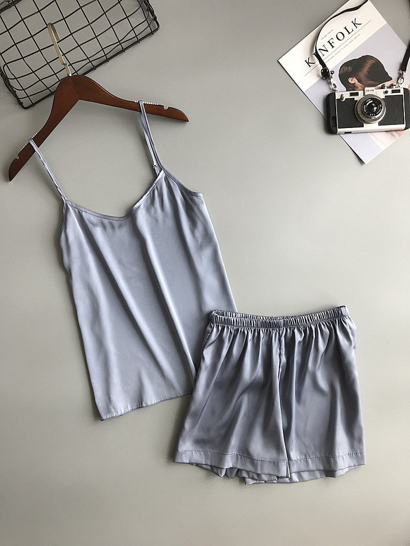 Ice Silk Twinset Korean Solid Color Women Pajamas Camisole Pajama Set Woman Summer Vest Shorts Suit