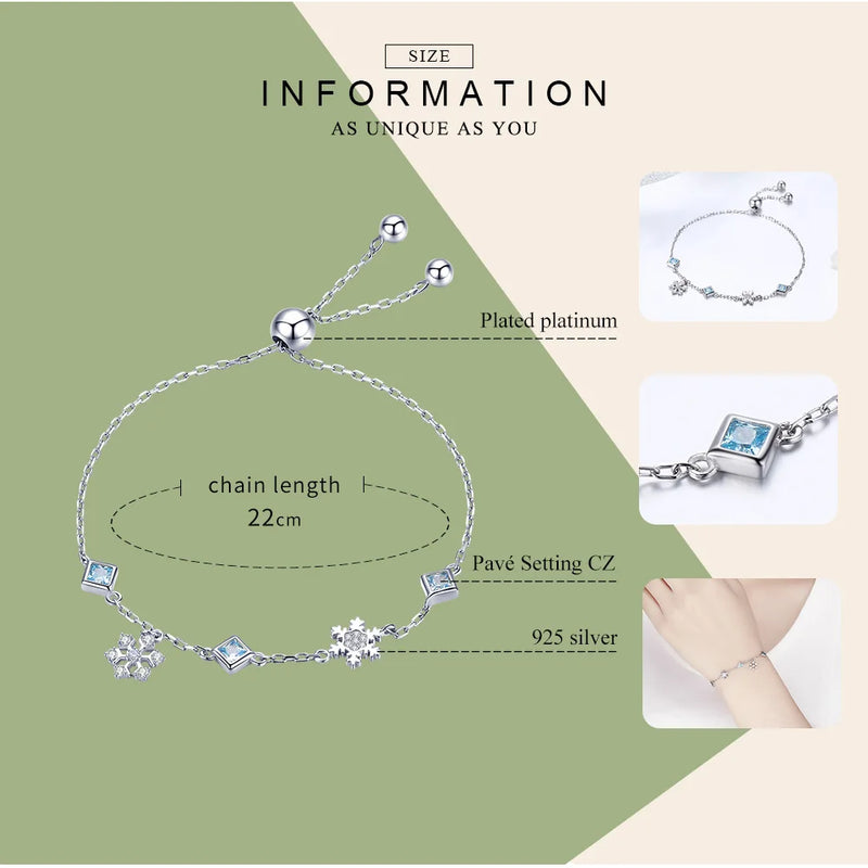 Bamoer 925 Sterling Silver Winter Snowflake Bracelet Blue Cubic Zircon Snowflower Chain Link Bracelet for Women Jewelry BSB001