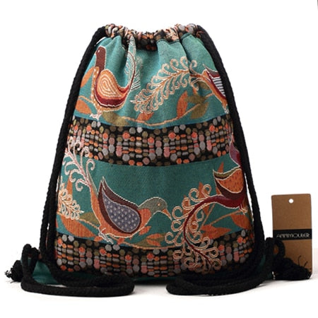 Annmouler Women Vintage Backpack Brand Canvas Shoulder Bag Bohemian Style String Bag Travel Storage Organizer Cotton Tribal Bag