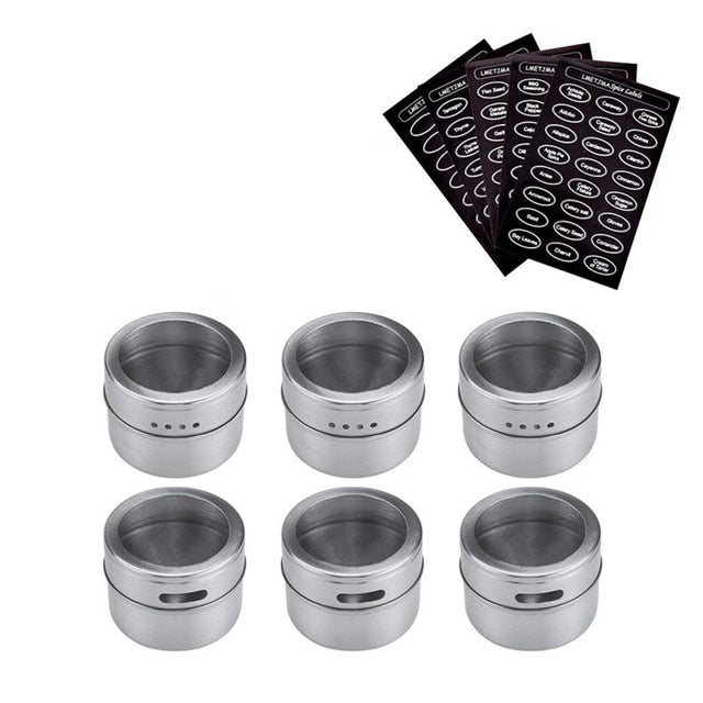 LMETJMA Magnetic Spice Jar Set With Stickers Stainless Steel Spice Tins Spice Storage Container Pepper Seasoning Sprays Tools