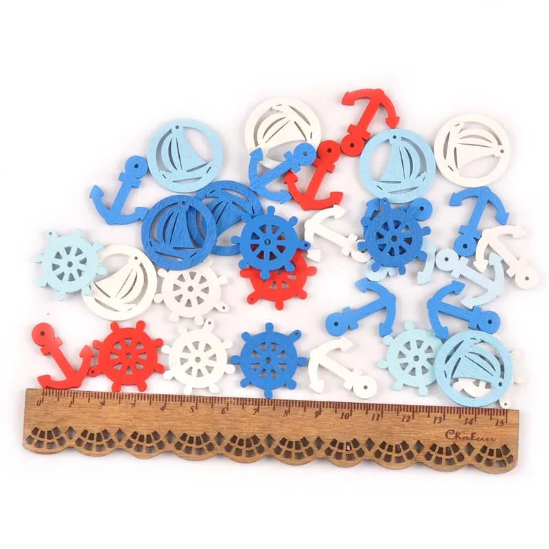 50pcs 20-35mm Blue Anchor/ship/rudder Pattern Wood Decoration For Home Drop Hanging DIY Crafts Scrapbooking Embellishments M1993