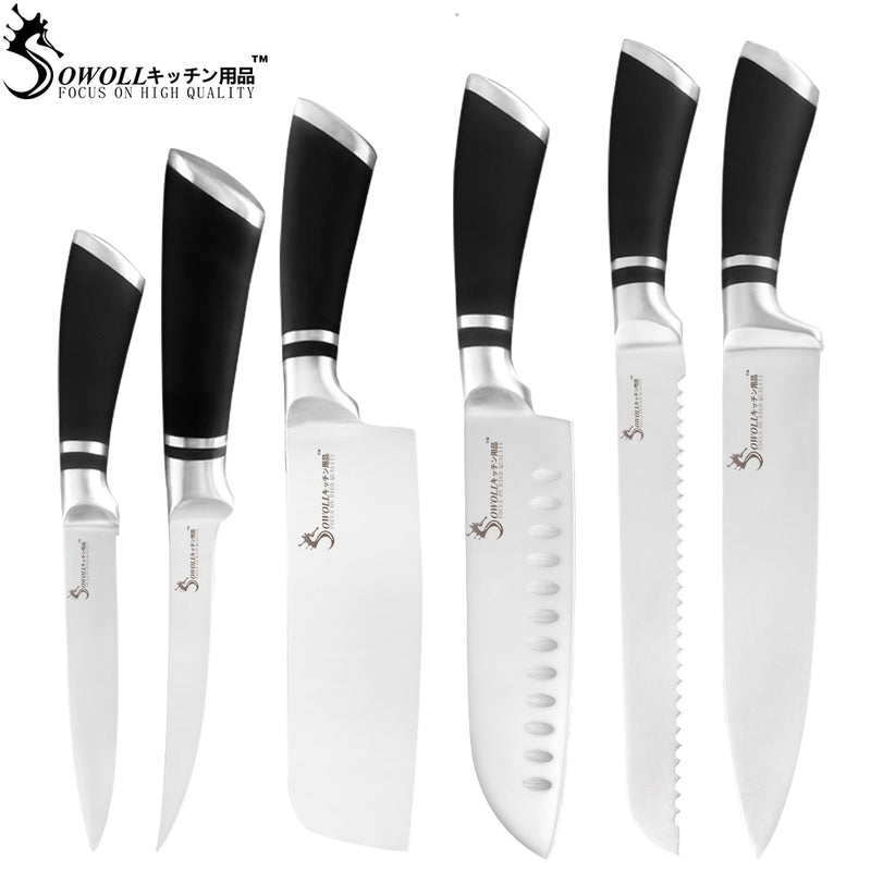 Sowoll 9pcs Stainless Steel Knives Set Non-slip Handle Chef Chopping Boning Cleaver Kitchen Knives Cooking Household Tools