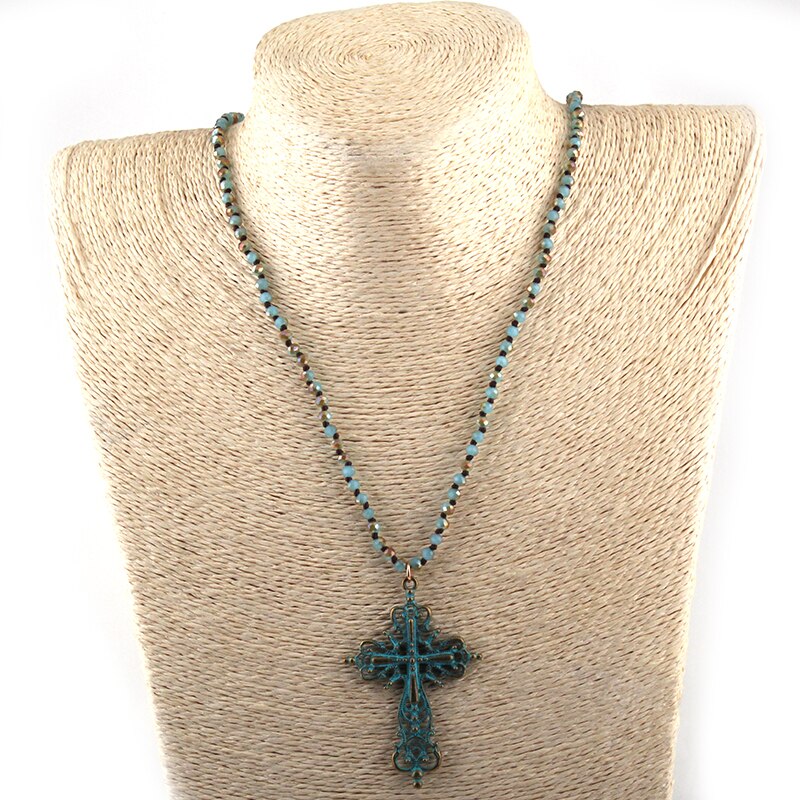 Fashion Bohemian Tribal Jewelry 4mm Mini Blue Green Glass Knotted Cross Pendant Necklace For Women Lariat Necklaces