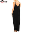 Women Long dress Female Summer V Neck Spaghetti Strap Plain Flowy Pockets Loose Beach Cami Maxi Dress Casual Sundress Robe Femme