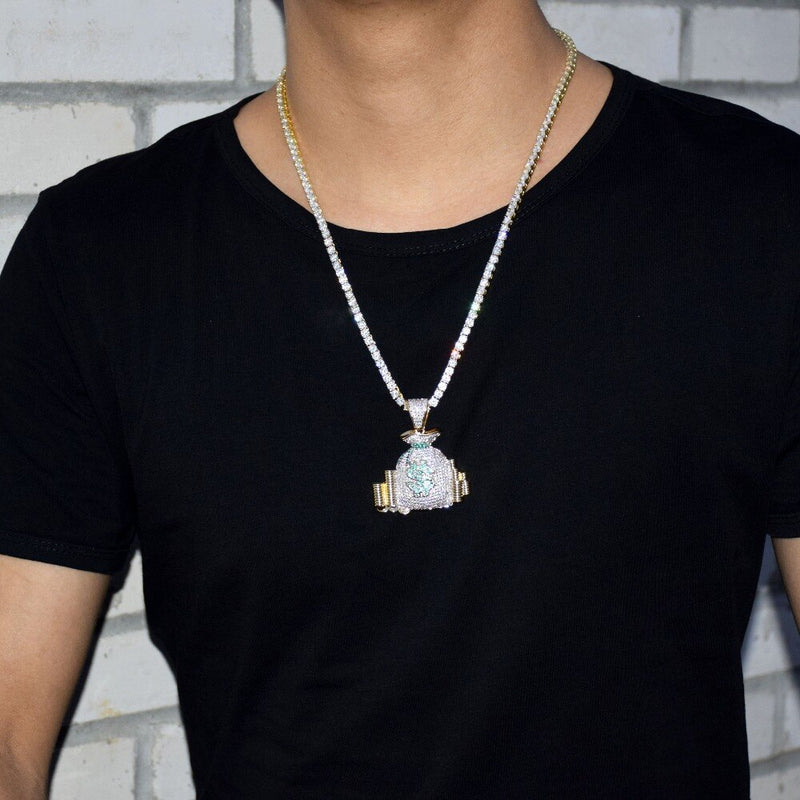 Money Bag Pendant Necklace Gold Color Cubic Zircon Men&