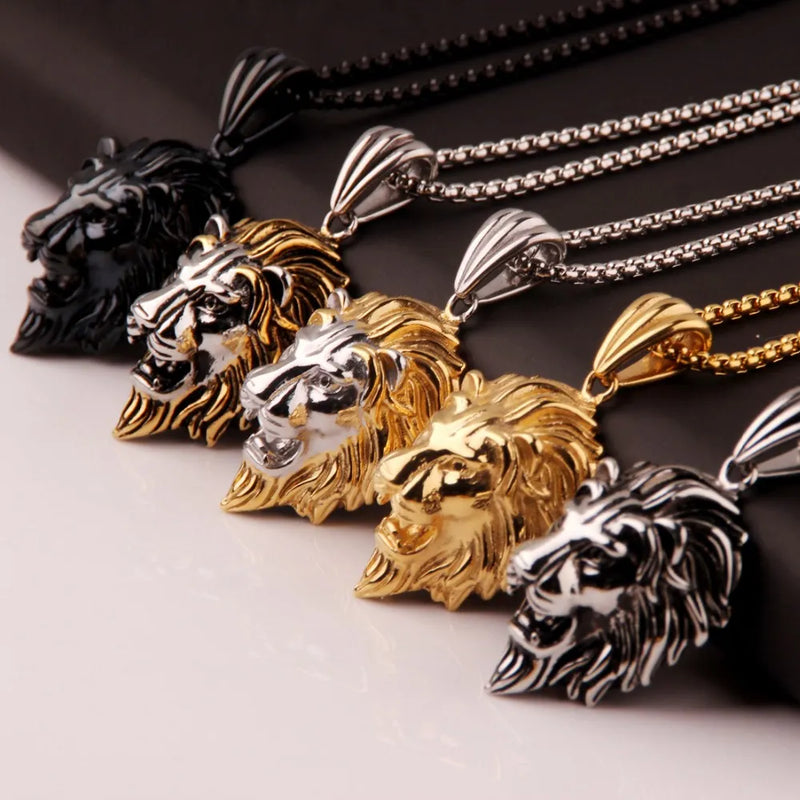 Cool Trendy Stainless Steel Silver Color Gold Color Black Tone Lion Head Pendant Necklace Mens Unisexs Box Chain24"Wholesale New