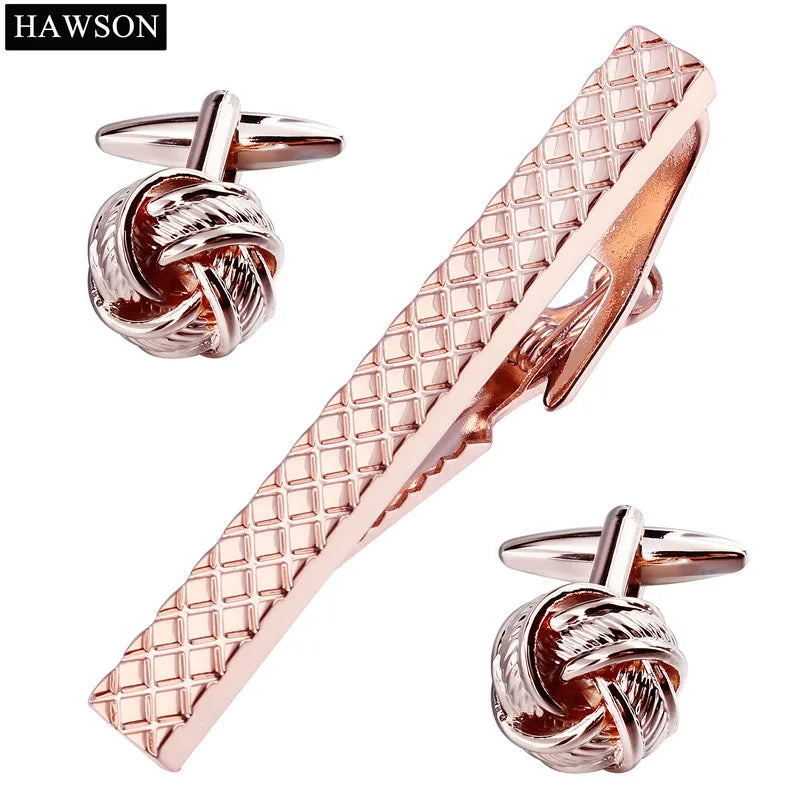 Luxury Rose Gold Color Tie Bar Cuff links Set Polished Twist Pattern Cufflinks 2 Button