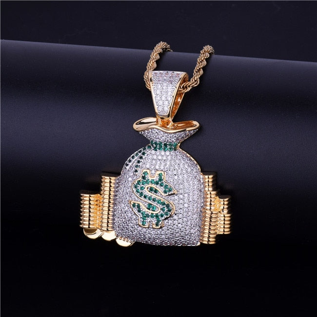 Money Bag Pendant Necklace Gold Color Cubic Zircon Men&