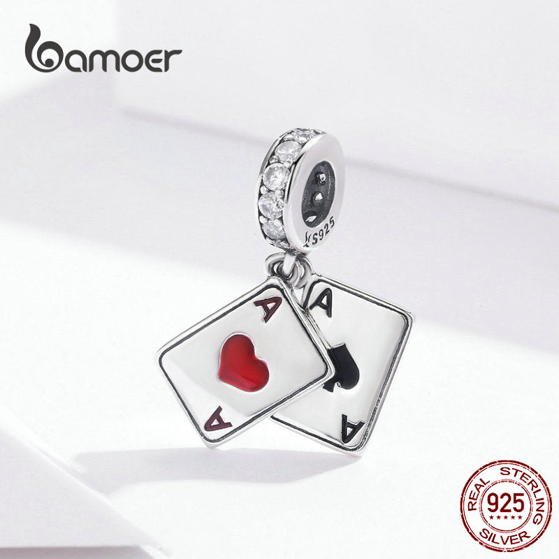BAMOER Poker Ace Double Pendant Charm for Original 925 Silver Charms Bracelet Sterling Silver 925 Breloque DIY Jewelry SCC1172
