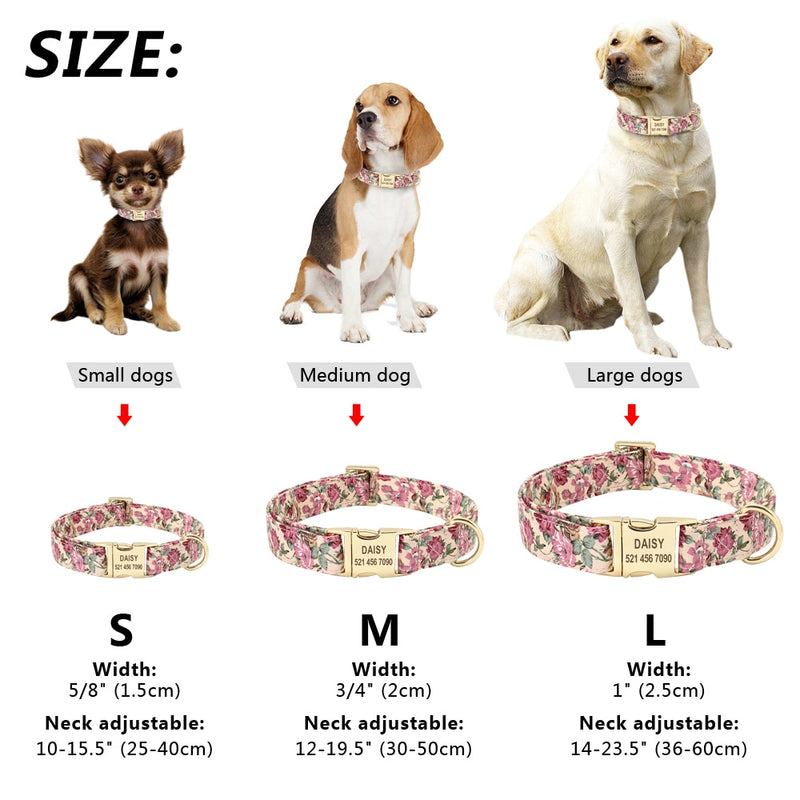 Personalized Floral Dog Collar Custom Small Medium Dog Pet ID Collar Flower Print Nylon Large Dog Engraved Collars for Pitbull