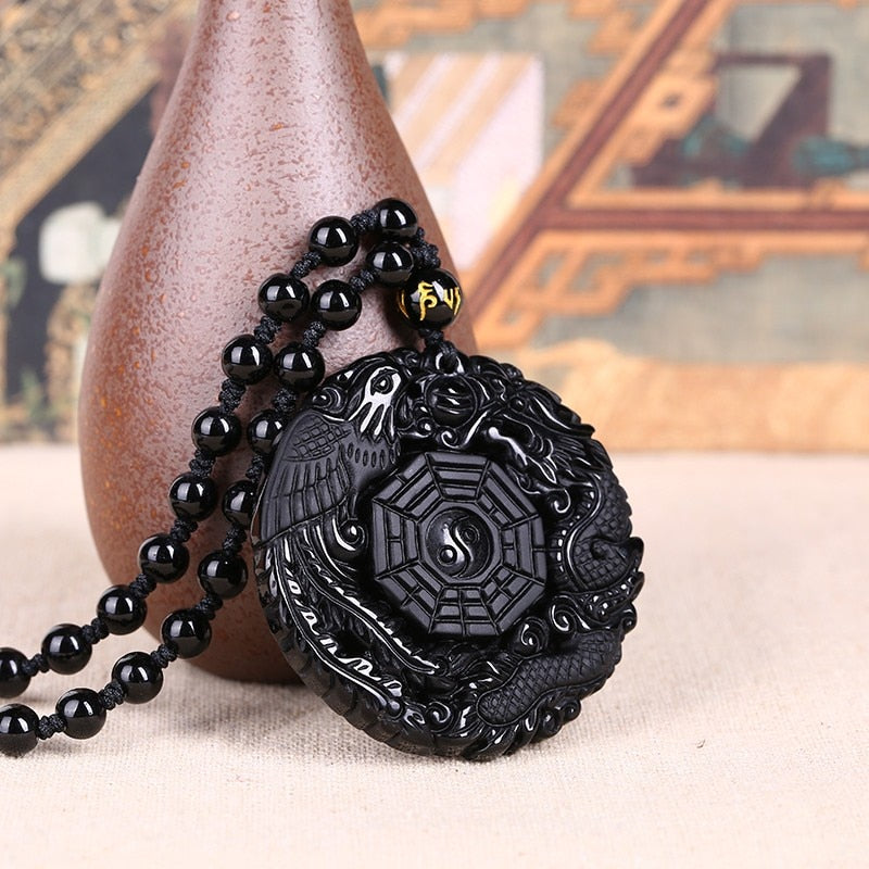 Black Obsidian Carving Dragon and Phoenix Necklace Pendant Obsidian Lucky Pendants