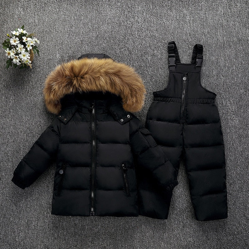 Down Real Fur Hooded Duck Down Jacket for Girls Warm Kids Snow Suit Children 2-5T Coat Snowsuit Winter Clothes Boys Clothing Set