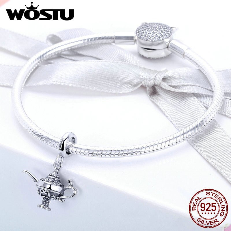 WOSTU Hot Sale 925 Sterling Silver Lamp of Aladdin Dangle Charm Fit Original DIY Beads Bracelet Lucky Wish Jewelry Gift CQC703