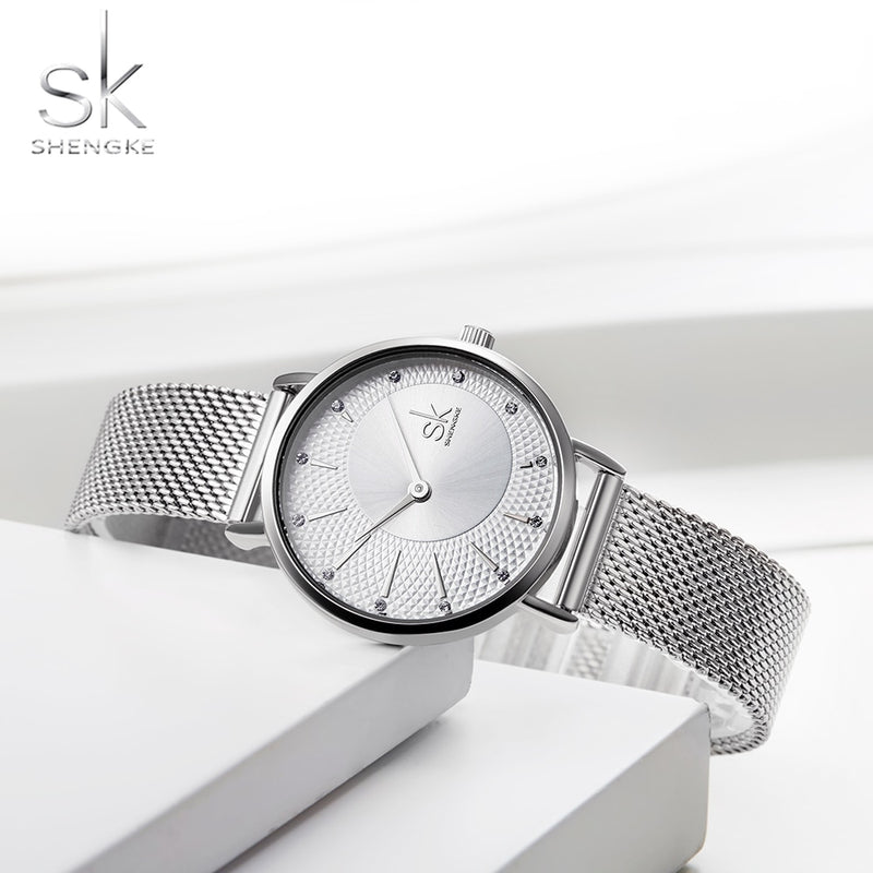 Shengke Women Silver Quartz Watch for Female Top Luxury Brand Quartz Watch Women's Mesh Band Fashion Reloj Mujer 2022 New Clock