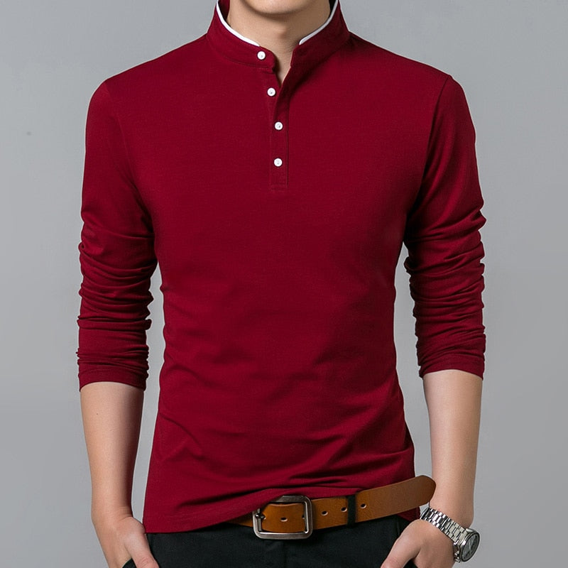 Liseaven T-Shirt Men Cotton T Shirt Full Sleeve tshirt Men Solid Color T-shirts tops&amp;tees Mandarin Collar Long Shirt