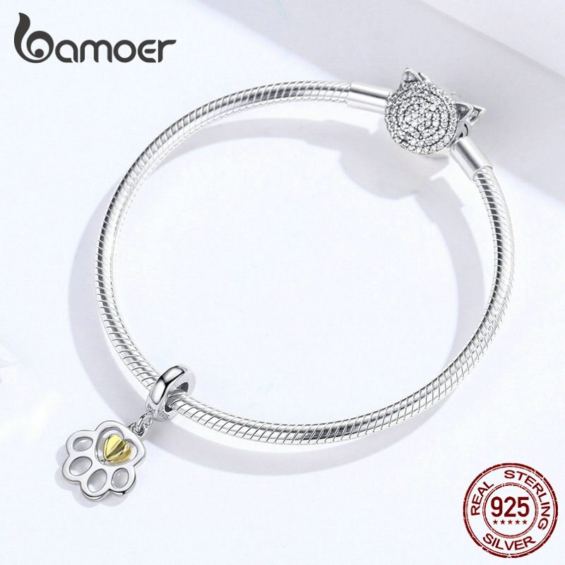 bamoer Gold Color Dog Paw Pendant Charm for Women Charms Bracelet &amp; Bangle Heart 925 Sterling Silver DIY Jewelry Making SCC1251