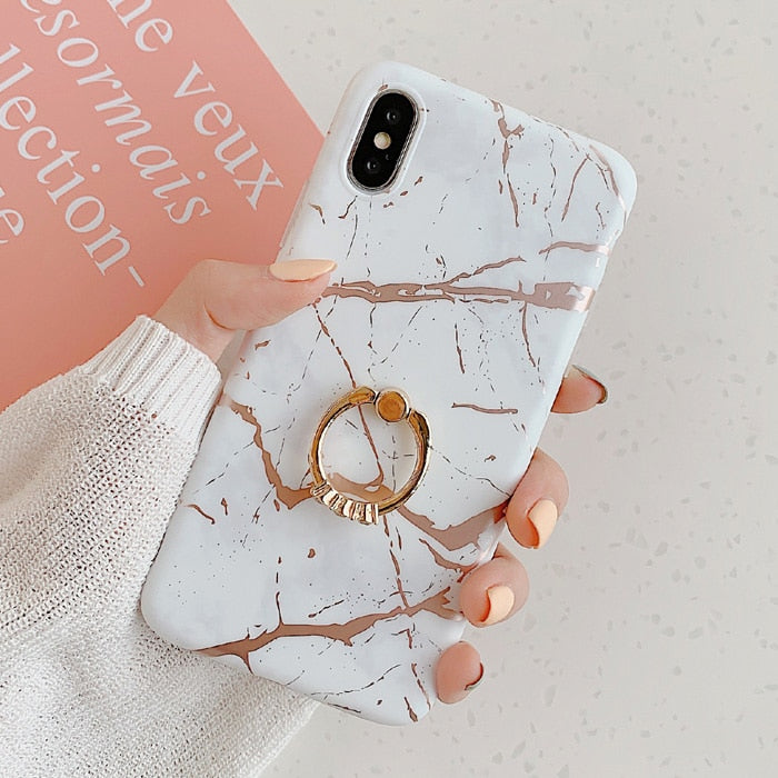 LACK Luxury Diamond Ring Shiny Gold Line laser marble Cases For iphone 13 14Pro Max 12 13 Pro 11 Soft Stand Cover